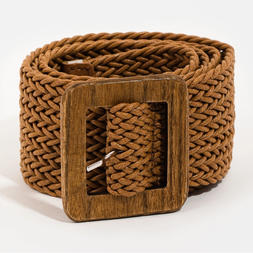 Wooden Square Buckle Wide Braided Belt 44” | Brown - Picture 2 of 5